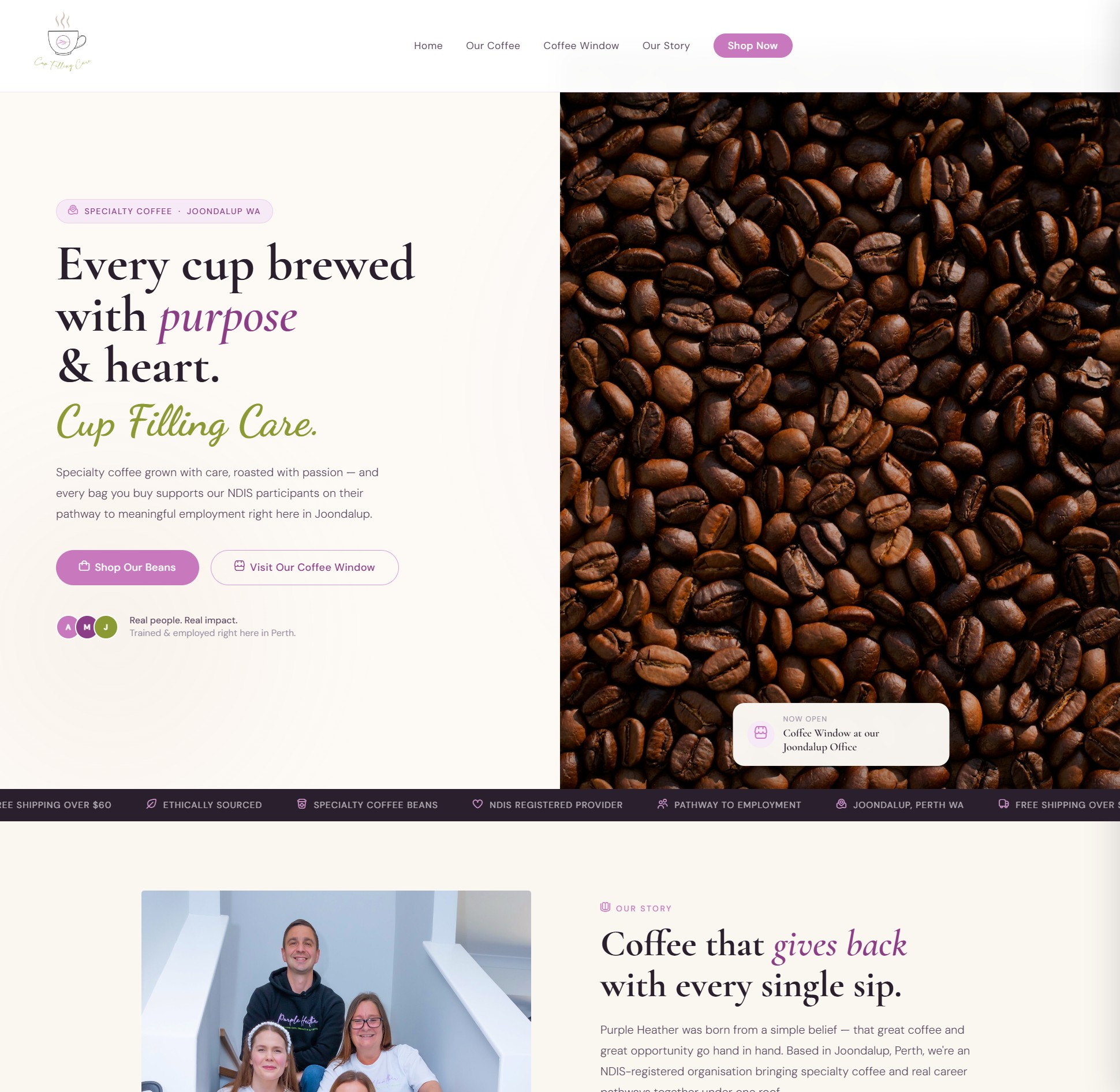 Cup Filling Care NDIS specialty coffee website Perth — custom HTML and Shopify build by Source Digital