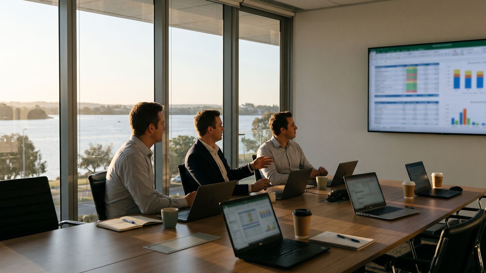 Procurement team in a Perth office reviewing purchasing data on a large screen