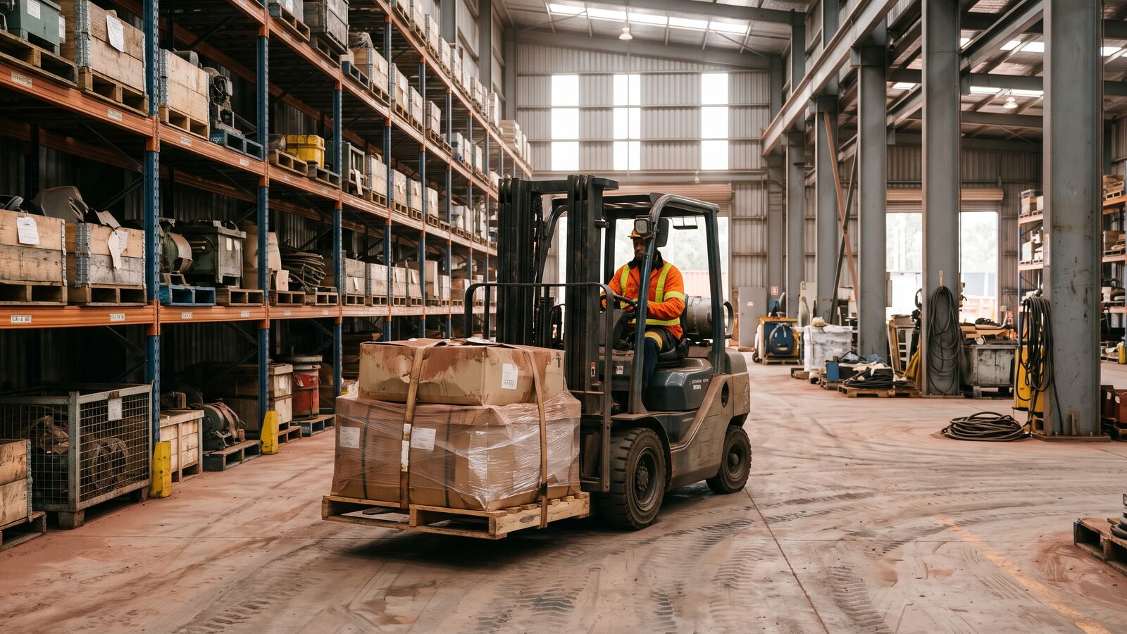 Forklift moving spare parts in a mine site warehouse