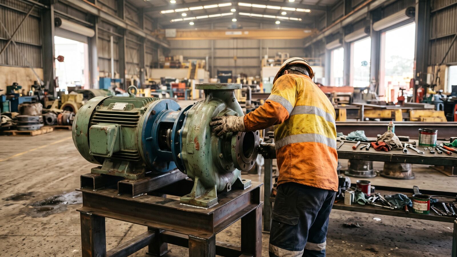 Refurbished rotable pump motor on a stand in a mine maintenance workshop