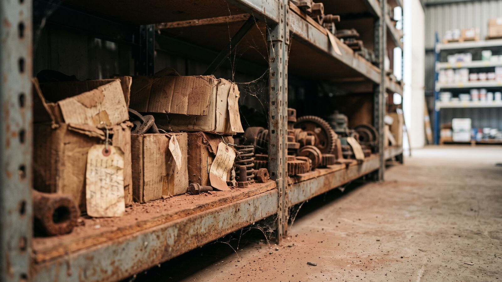 Dusty obsolete spare parts on the bottom shelf of a warehouse
