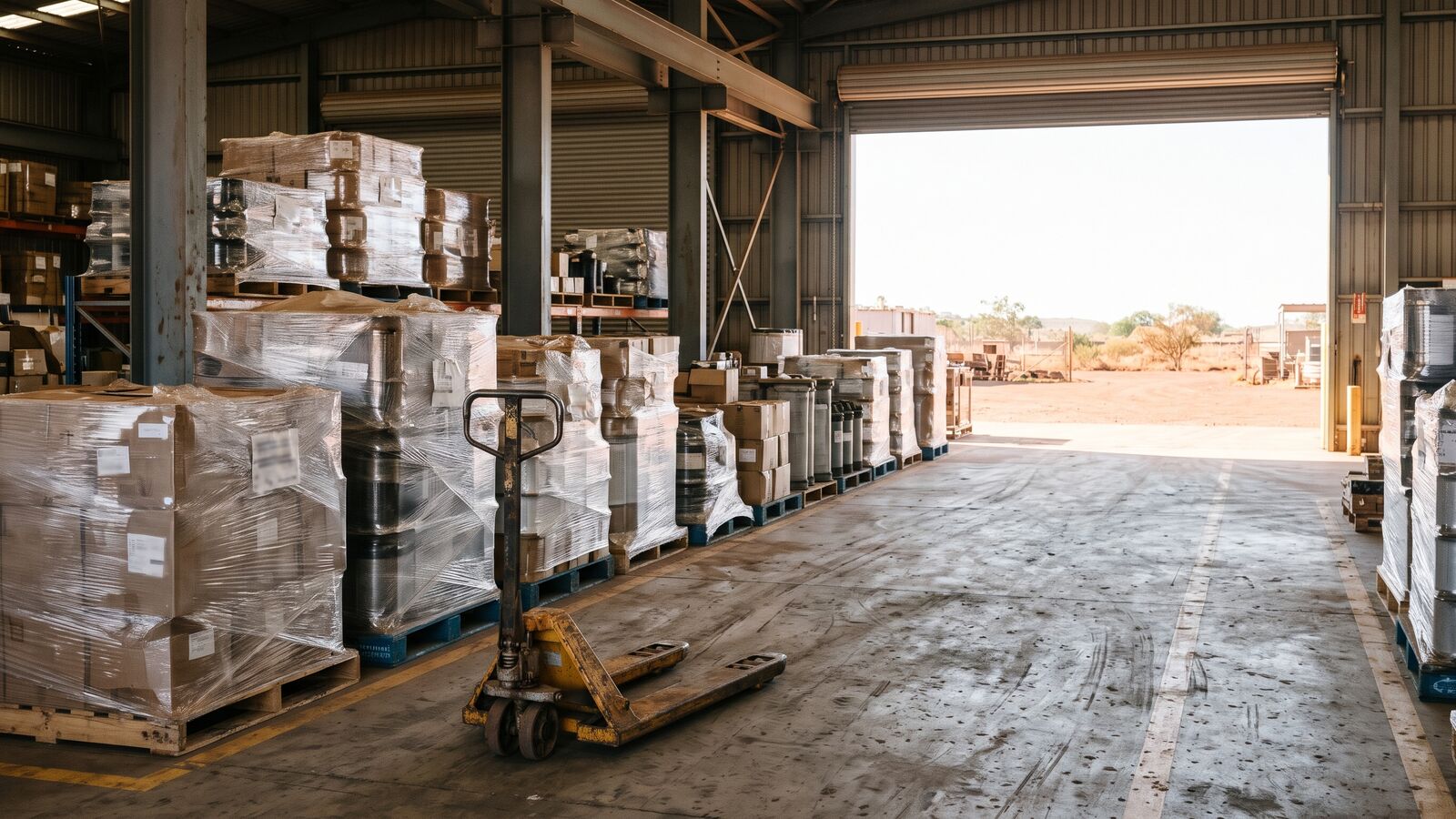 Pallets of mining consumables in a warehouse receiving bay