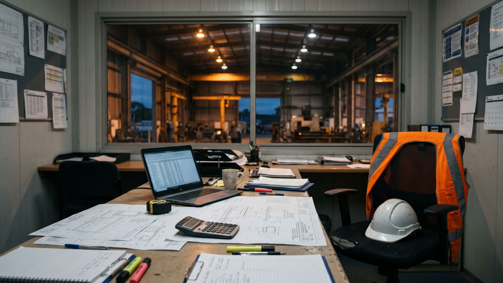 Estimator's desk at a mining supplier with a laptop and printed drawings