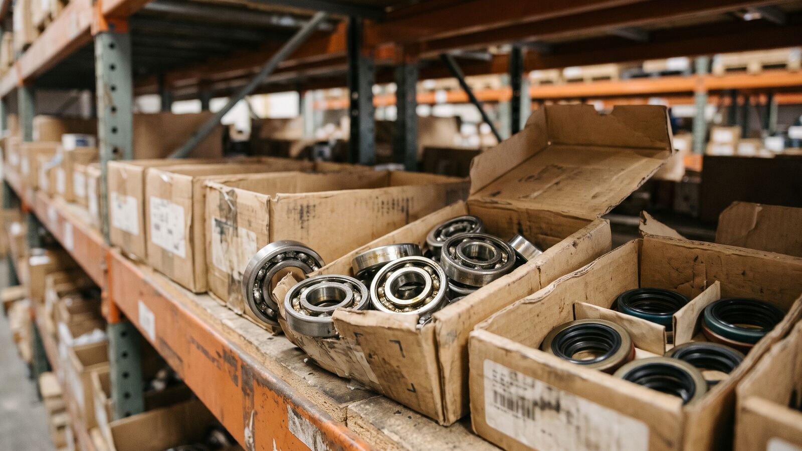 Boxes of steel bearings on a mine warehouse shelf