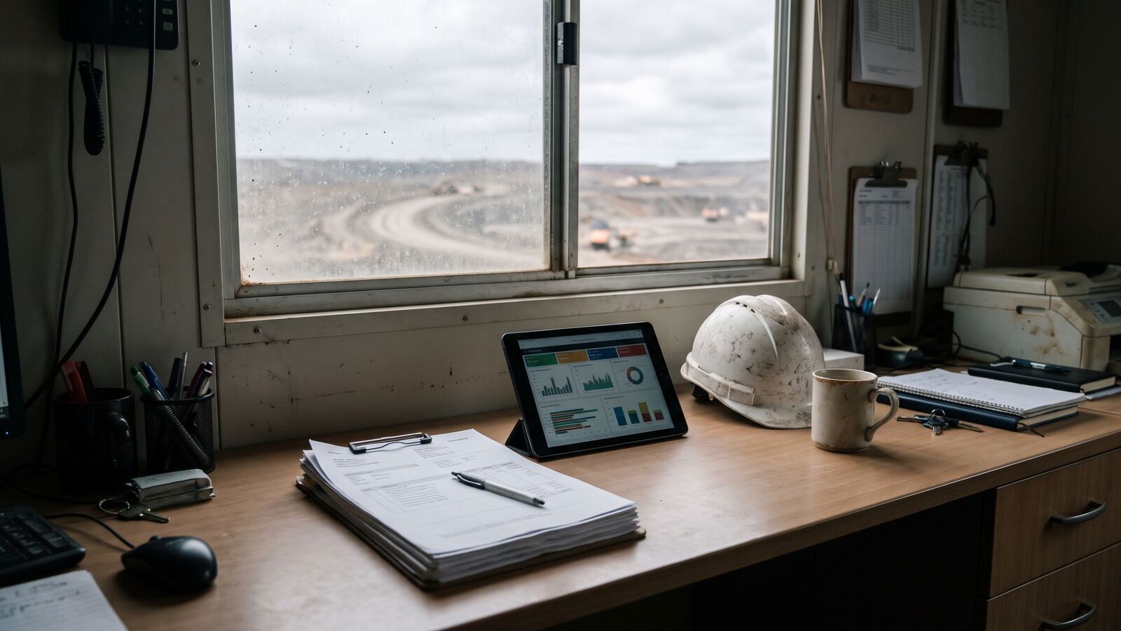 Site office desk with invoices and delivery dockets