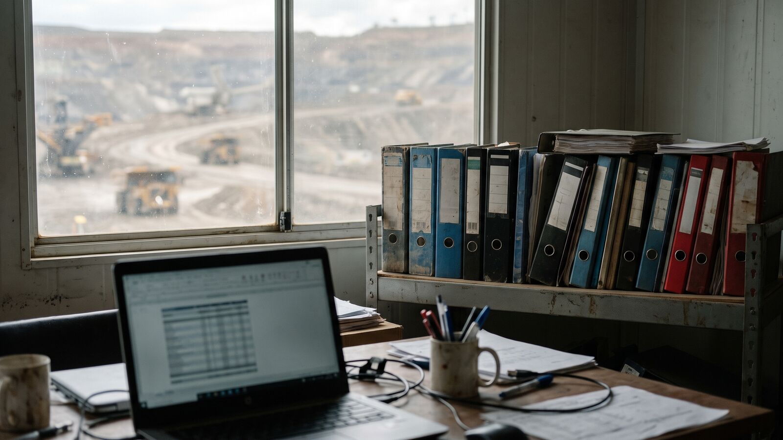 Contract folders and a laptop in a mine site office