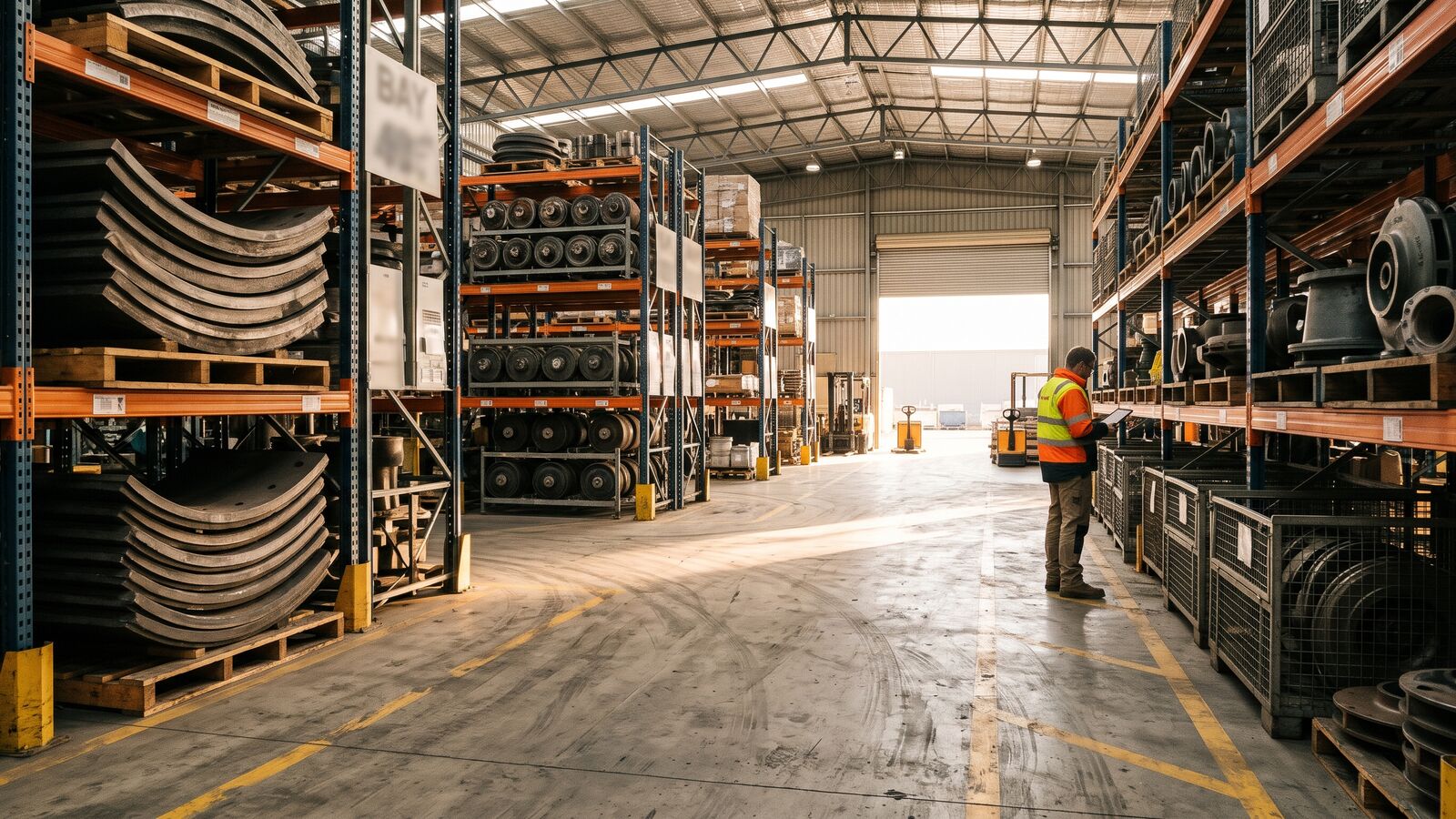 Organised mining spares warehouse with a worker checking stock