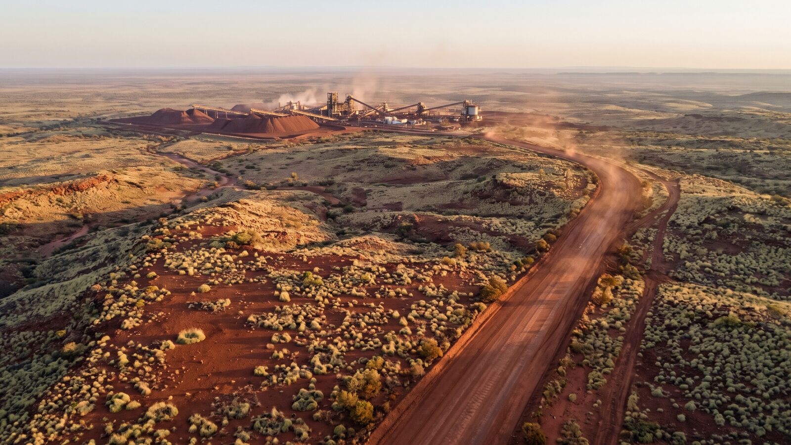 Aerial view of the Pilbara with a haul road and processing plant at sunrise