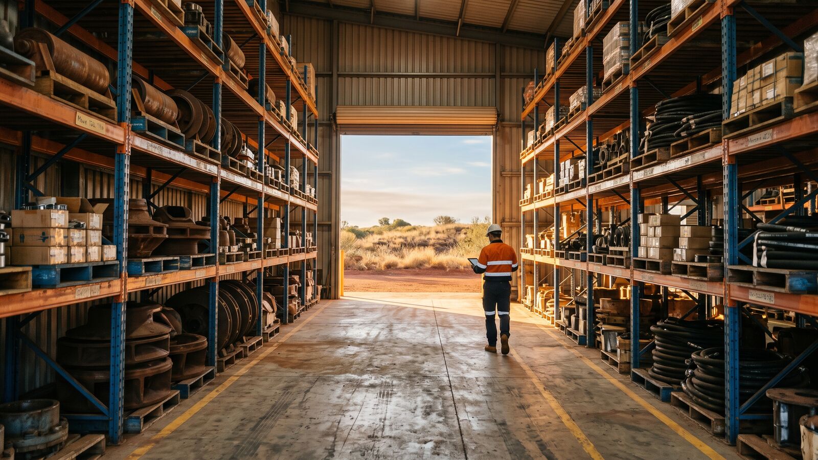 Mine site stores warehouse in the Pilbara with racking full of mining spare parts and a worker in hi-vis walking towards the open roller door