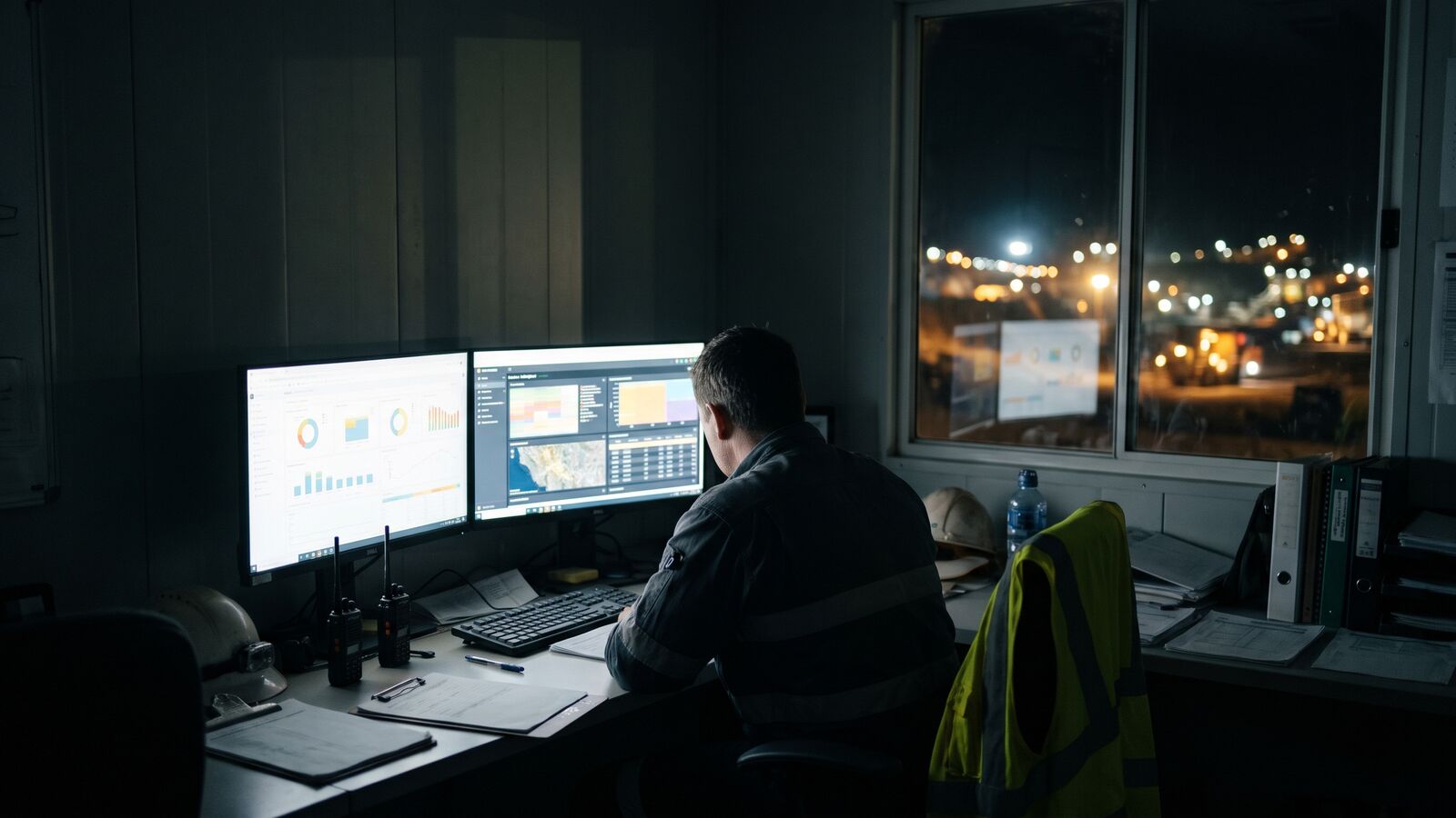 Mine site operations office at night with dashboards on screen