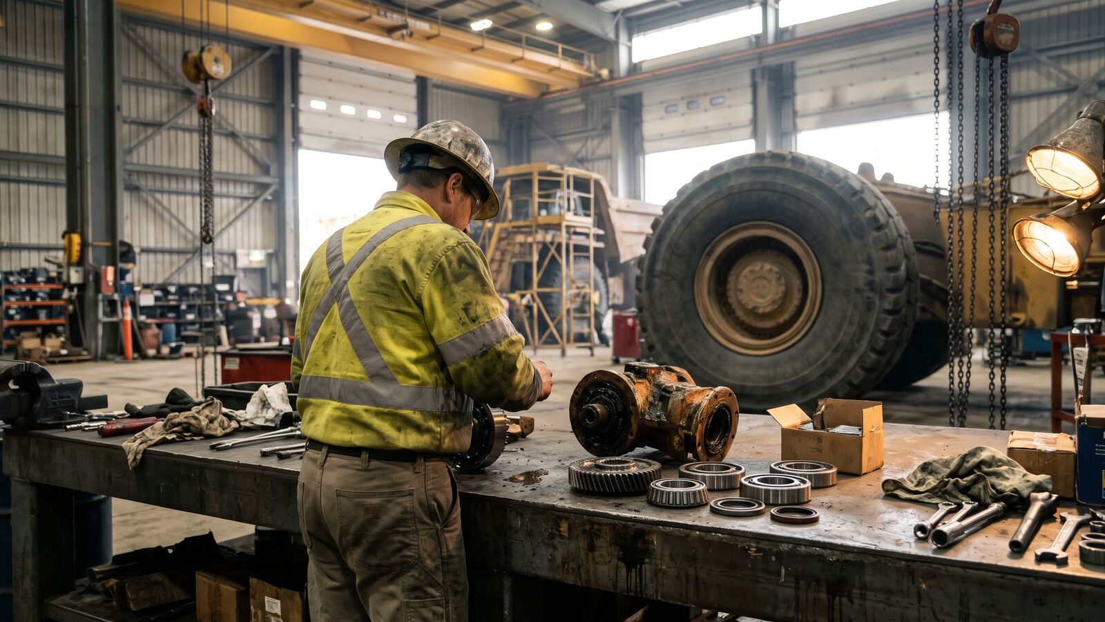 Fitter at a mine workshop bench with new and worn parts