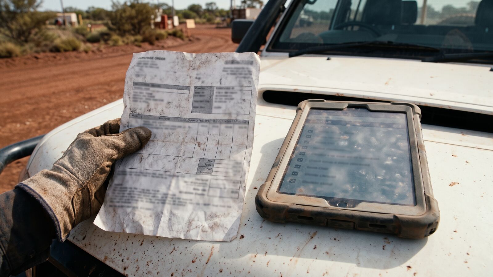 Purchase order and tablet on a ute bonnet at a mine site