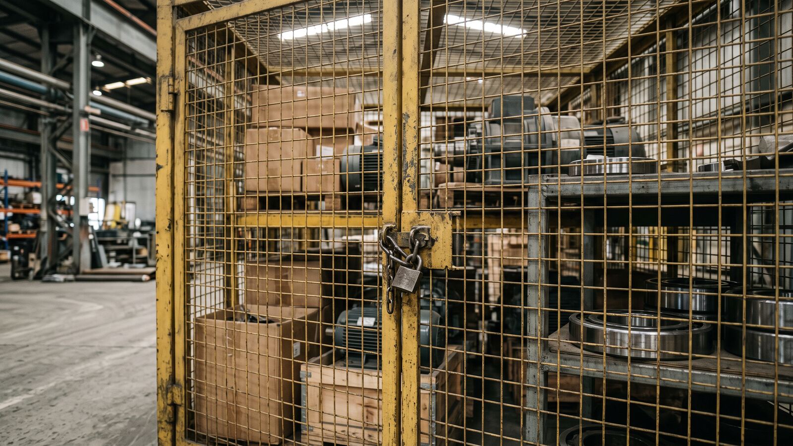 Locked cage of critical spares in a mine warehouse
