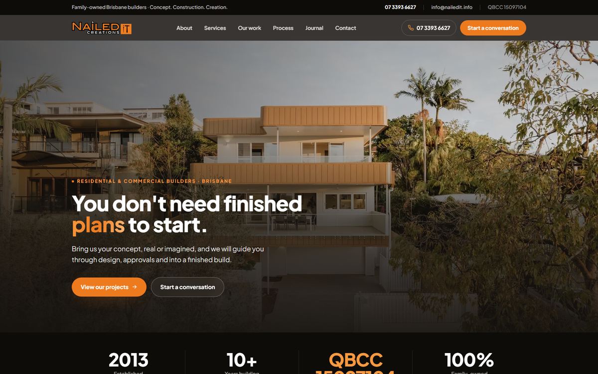 Nailed It Creations custom home builder website Brisbane. custom HTML build structured for AI search, with CRM and AI agent, by Source Digital