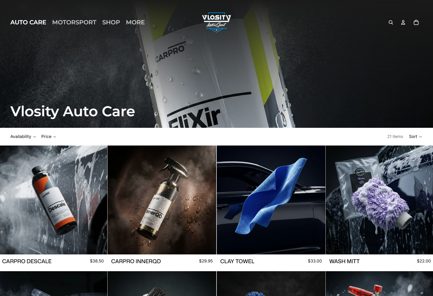Vlosity Motorsport auto care and retail Shopify store Perth — built by Source Digital